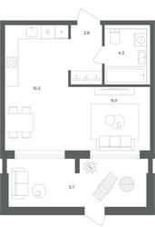 Планировка однокомнатной(квартира) площадью 37.3 квадратных метров в ЖК “ЖК Равновесие”