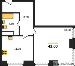 Планировка однокомнатной(квартира) площадью 43 квадратных метров в ЖК “ЖК Мираполис”