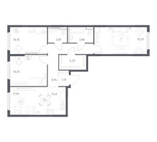 Планировка трехкомнатной(квартира) площадью 76.79 квадратных метров в “ЖК Пригород Лесное”