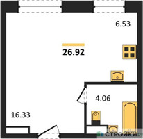 Планировка студии(апартаменты) площадью 26.92 квадратных метров в “ЖК Движение. Говорово”