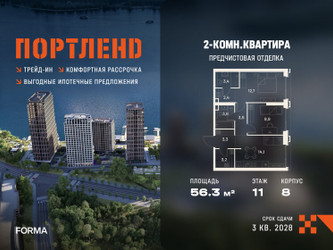 Планировка двухкомнатной(квартира) площадью 56.3 квадратных метров в ЖК “ЖК Портленд”