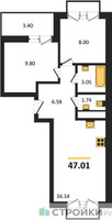 Планировка двухкомнатной(квартира) площадью 47.01 квадратных метров в “ЖК ВОСТОК II”