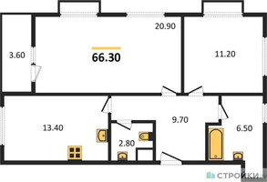 Планировка двухкомнатной(квартира) площадью 66.3 квадратных метров в “ЖК Римский”