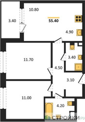 Планировка двухкомнатной(квартира) площадью 55.3 квадратных метров в ЖК “Жилые кварталы Белый Град”