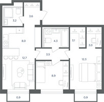 Планировка трехкомнатной(квартира) площадью 63.2 квадратных метров в “ЖК Равновесие”