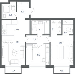 Планировка трехкомнатной(квартира) площадью 63.2 квадратных метров в ЖК “ЖК Равновесие”