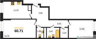 Планировка двухкомнатной(квартира) площадью 60.71 квадратных метров в “ЖК Дюна”