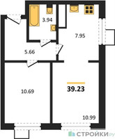 Планировка однокомнатной(квартира) площадью 39.23 квадратных метров в “ЖК Новотомилино”