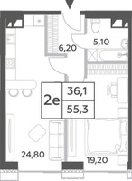 Планировка двухкомнатной(квартира) площадью 55.3 квадратных метров в “ЖК Will Towers (Вилл Тауэрс)”