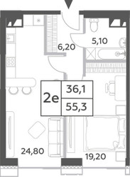 Планировка двухкомнатной(квартира) площадью 55.3 квадратных метров в ЖК “ЖК Will Towers (Вилл Тауэрс)”