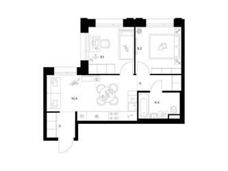 Планировка двухкомнатной(квартира) площадью 45.1 квадратных метров в ЖК “ЖК Москворечье”