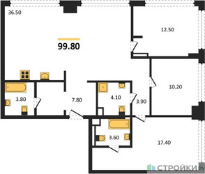 Планировка трехкомнатной(квартира) площадью 99.8 квадратных метров в ЖК “ЖК СТОУН Грэйн”