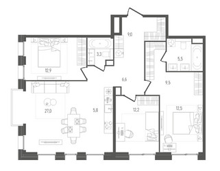 Планировка трехкомнатной(квартира) площадью 104.7 квадратных метров в ЖК “ЖК ПЕЙВ”