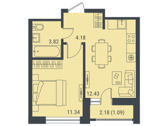 Планировка однокомнатной(квартира) площадью 32.9 квадратных метров в ЖК “ЖК Level Лесной”