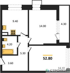 Планировка двухкомнатной(квартира) площадью 52.8 квадратных метров в ЖК “ЖК Прокшино”