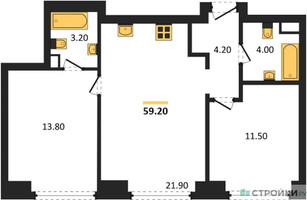 Планировка двухкомнатной(квартира) площадью 59.2 квадратных метров в “ЖК Вейв”