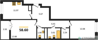 Планировка двухкомнатной(квартира) площадью 58.6 квадратных метров в ЖК “ЖК Дюна”
