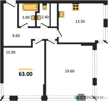 Планировка двухкомнатной(квартира) площадью 63 квадратных метров в “ЖК VERY на Миклухо-Маклая (Вери на Миклухо-Маклая)”