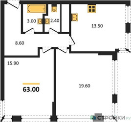 Планировка двухкомнатной(квартира) площадью 63.4 квадратных метров в ЖК “ЖК VERY на Миклухо-Маклая (Вери на Миклухо-Маклая)”