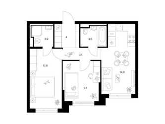 Планировка двухкомнатной(квартира) площадью 50.9 квадратных метров в ЖК “ЖК Зеленый парк”
