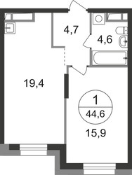 Планировка однокомнатной(квартира) площадью 44.6 квадратных метров в ЖК “ЖК Первый Московский”