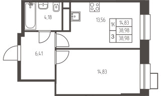 Планировка однокомнатной(квартира) площадью 39 квадратных метров в “ЖК Новая Ивантеевка”