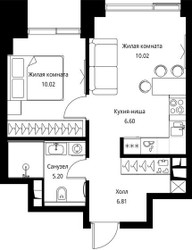 Планировка однокомнатной(квартира) площадью 38.65 квадратных метров в ЖК “ЖК Сити Бэй”