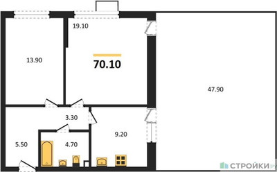 Планировка двухкомнатной(квартира) площадью 70.1 квадратных метров в ЖК “ЖК Бунинские кварталы”