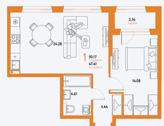 Планировка однокомнатной(квартира) площадью 50.17 квадратных метров в ЖК “ЖК Страна.Парковая”