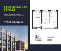 Планировка трехкомнатной(квартира) площадью 55.5 квадратных метров в “ЖК Пушкино Град”