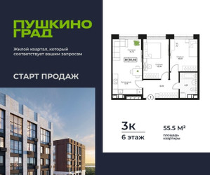Планировка трехкомнатной(квартира) площадью 55.5 квадратных метров в ЖК “ЖК Пушкино Град”