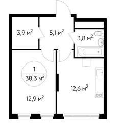 Планировка однокомнатной(квартира) площадью 38.3 квадратных метров в ЖК “ЖК Переделкино Ближнее”