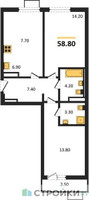 Планировка двухкомнатной(квартира) площадью 58.8 квадратных метров в “ЖК Дзен-кварталы”