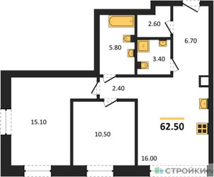 Планировка двухкомнатной(квартира) площадью 62.5 квадратных метров в ЖК “ЖК Союз (СВАО)”