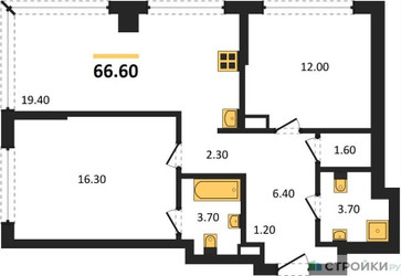 Планировка двухкомнатной(квартира) площадью 66.6 квадратных метров в ЖК “Акценты”