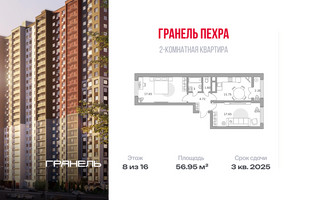 Планировка двухкомнатной(квартира) площадью 56.95 квадратных метров в “ЖК Пехра”