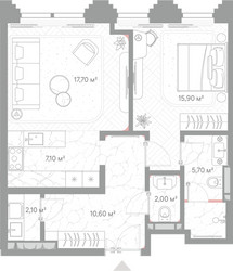 Планировка однокомнатной(квартира) площадью 61.1 квадратных метров в ЖК “ЖК Николь”