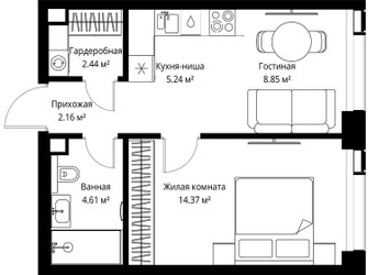 Планировка однокомнатной(квартира) площадью 37.67 квадратных метров в ЖК “ЖК Веер”