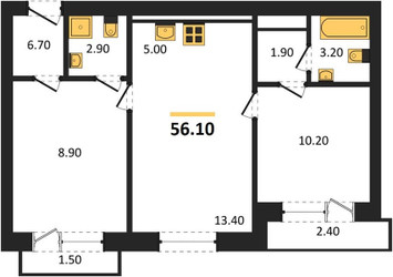 Планировка двухкомнатной(квартира) площадью 56.1 квадратных метров в ЖК “ЖК Квартал Метроном”