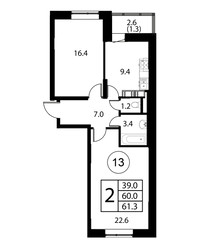 Планировка двухкомнатной(квартира) площадью 61.3 квадратных метров в ЖК “ЖК Космос”