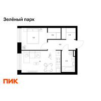 Планировка однокомнатной(квартира) площадью 37.1 квадратных метров в “ЖК Зеленый парк”