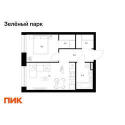 Планировка однокомнатной(квартира) площадью 37.1 квадратных метров в ЖК “ЖК Зеленый парк”