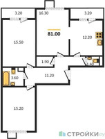 Планировка трехкомнатной(квартира) площадью 81 квадратных метров в “ЖК Первый Лермонтовский”