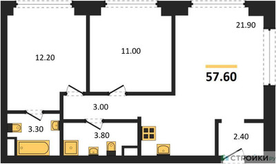 Планировка двухкомнатной(квартира) площадью 57.6 квадратных метров в ЖК “ЖК Wave (Вейв)”