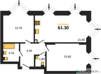 Планировка двухкомнатной(квартира) площадью 61.3 квадратных метров в ЖК “ЖК Вейв”