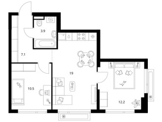 Планировка двухкомнатной(квартира) площадью 52.7 квадратных метров в ЖК “ЖК Зеленый парк”