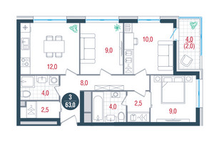 Планировка трехкомнатной(квартира) площадью 63 квадратных метров в “ЖК РУСИЧ-Кантемировский”