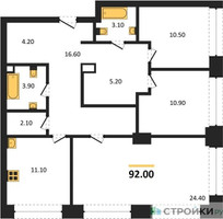 Планировка трехкомнатной(квартира) площадью 92 квадратных метров в “ЖК Архитектурный проект RAKURS (Ракурс)”