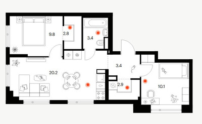 Планировка двухкомнатной(квартира) площадью 52.6 квадратных метров в ЖК “ЖК Амурский парк”