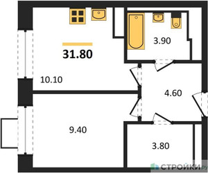 Планировка однокомнатной(квартира) площадью 31.8 квадратных метров в ЖК “ЖК Мытищи Парк”